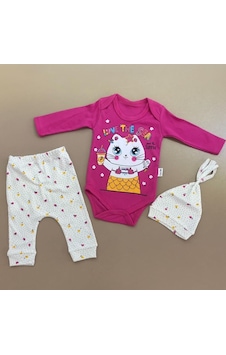 Mnk Baby & Kids Kukuleta Şapkalı Badili 3lü Bebek Takımı Mnk0370 Fuşya