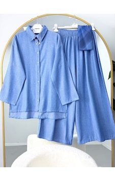 Lovie Moda Kadın Yanı Yırtmaçlı Trend Gömlekli Pantolonlu Takım Mavi Lovie Moda Kadın Yanı Yırtmaçlı Trend Gömlekli Pantolonlu Takım Mavi