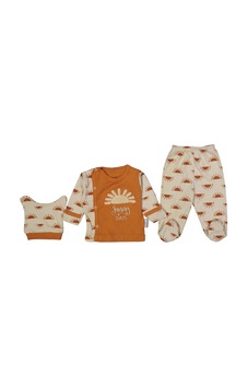 Bebegen Unisex Ekru Turuncu Güneş Baskılı Çıt Çıtlı 3'lü Pijama Takımı 0-3 Ay Çok Renkli