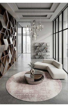 Geometrik Abstract Desenli Prato İpeksi Lüks Viskon Yuvarlak Halı Pr05 Krem