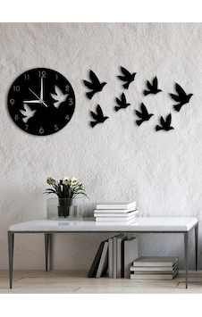 Kuş Tasarımlı Modern Dekoratif Ahşap  Duvar Siyah