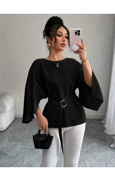 Oada Kadın Uzun Kollu Yuvarlak Yakalı Yarasa Kollu Belden Kuşaklı Atlas Bluz Siyah Oada Kadın Uzun Kollu Yuvarlak Yakalı Yarasa Kollu Belden Kuşaklı Atlas Bluz Siyah