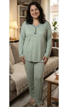 Miss Melina Büyük Beden % 100 Pamuk Uzun Kol Kadın Pijama Takımı Yeşil - 9008198982161