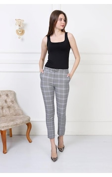 Bluence Beli Ince Kemerli Dar Paçalı Ekose Kumaş Pantolon Gri