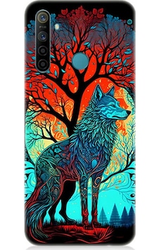 Realme 6i Uyumlu Silikon Kılıf Tribal Vitray Kurt Ve Ağaç