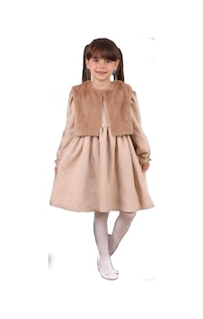 Serkon Kız Bebek Süet Pelüş Yelekli Elbise Ser-0881 Bej Serkon Kız Bebek Süet Pelüş Yelekli Elbise Ser-0881 Bej