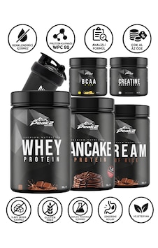 Full Paket 3: Whey Protein 500 Gr Çikolata+ Kreatin Monohidrat 300 Gr Aromasız + Bcaa 300 Gr Limon+ Cream Of Rice 1 Kg Çikolata + Protein Pancake 750 Gr Çikolata + Shaker