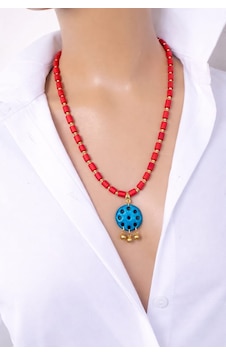 Luna Mat Kırmızı Cam Boncuk Süryani Taşlı İkili Kolye Seti Choker Uzun Kolye Kutulu Kırmızı