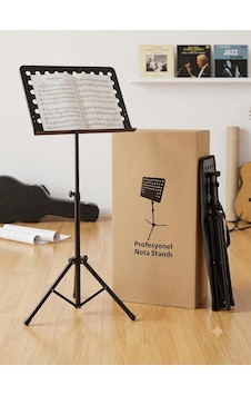 Profesyonel Şef Tipi Nota Sehpası - Taşınabilir, Katlanabilir Delikli Metal Tablalı, Yükseklik Ayarlı Tripod Stand, Taşıma Çantası Dahil, Siyah Abanoz - Beyaz
