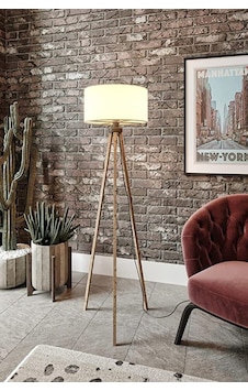 Modern Lambader Kumaş Abajur Ahşap Ayak Krem Kahve Ly509