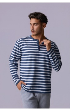 Defys Defy S Erkek Oversize Çizgili Uzun Kollu Çıtçıtlı Yaka Tişört İndigo-beyaz - 611495481 İndigo-beyaz