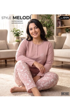 Melodi 17171 Uzun Kol %100 Pamuk Battal Büyük Beden Kadın Pijama Takımı Pembe