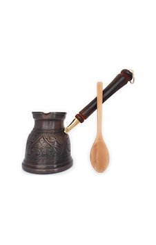 Dede Copper - Ist Serisi Xlarge-16,9 Floz -kalın Katı Bakır Oymalı Türk Yunan Arap Kahve Demliği, Ahşap Saplı Ocak Üstü Kahve Makinesi Cezve, Jezve, Jazz Cazzve, Ibrik, Briki Antik