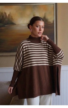 Onno Style Women Çizgili Standart Beden Triko Kadın Panço Kahverengi Onno Style Women Çizgili Standart Beden Triko Kadın Panço Kahverengi
