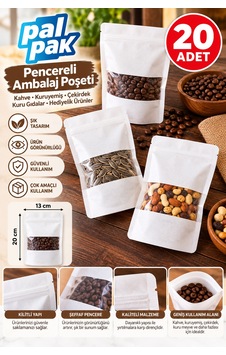 Pencereli Kilitli Poşet Kahve, Kuruyemiş Ve Gıda Ambalajı 13x20+7,5 Cm 20 Adet Pencereli Kilitli Poşet Kahve, Kuruyemiş Ve Gıda Ambalajı 13x20+7,5 Cm 20 Adet