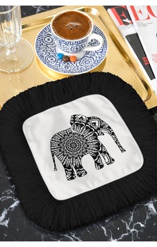 Mandala Fil Figürlü Saçaklı Sunum Peçetesi - Hint Esintili Bohem Siyah Beyaz Bardak Altlığı Mendil Mandala Fil Figürlü Saçaklı Sunum Peçetesi - Hint Esintili Bohem Siyah Beyaz Bardak Altlığı Mendil