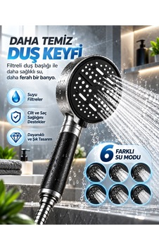 Çok Fonksiyonlu Filtreli Duş Başlığı 6 Farklı Sprey Modu Büyük Panel Siyah
