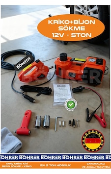 Süper Set Çakmaklıklı + Akü Kullanımlı 12v 5 Ton Araç Krikosu + Bijon Sökme + Kompresör 3 Ü Bir Arad