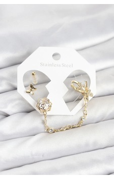 Pirinç Gold Renk Kelebekli Model Zincir Bağlantılı Ear Cuff Küpe Seti Diğer
