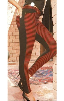 Mad Women Lingerie Mad Women Kadın %60 Pamuklu Cotton Arka Cepli & Ekstra Dayanıklı Uzun Siyah Tayt - Kırmızı Çizgili Si Yah