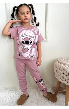 Kız Çocuk Stitchh Desenli Kısa Kollu Tshırt Eşofman 2'li Takım-980 Gül Kurusu Kız Çocuk Stitchh Desenli Kısa Kollu Tshırt Eşofman 2'li Takım-980 Gül Kurusu