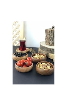4'lü Ahşap Çerezlik - Yuvarlak Doğal Çerez Tabağı, 10 Cm Kahverengi