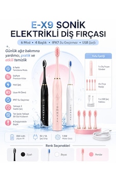 E-x9 Sonik Elektrikli Diş Fırçası 4 Başlıklı Şarjlı -6temizlik Modu Usb Şarjlı Ipx7 Suya Dayanıklı Beyaz