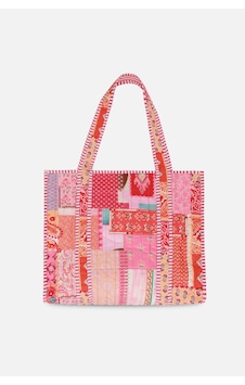 İcone Bag Patch Yama Desen Baskılı Kapitoneli Plaj Çantası, İçi Çizgili Baskılı Shopper Çanta, Pembe Plaj Çantası