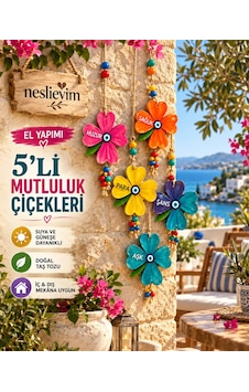 Nesli Evim 5'li Renkli Çiçek Nazar Boncuklu Duvar Süsü - Balkon Bahçe Dekoru Yazın.