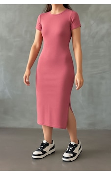 Trend Alisse Yazlık Midi Boy Yırtmaçlı Basic Elbise Gül Kurusu Trend Alisse Yazlık Midi Boy Yırtmaçlı Basic Elbise Gül Kurusu