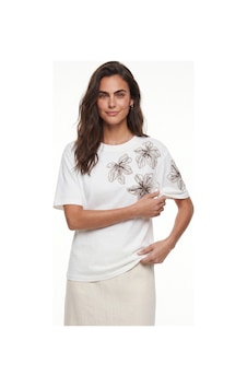 Onloox Kadın Beyaz Beyaz Pamuklu Bisiklet Yaka Basic Form Boncuk Taş Ve Payet İşlemeli Çiçek Desenli T-shirt