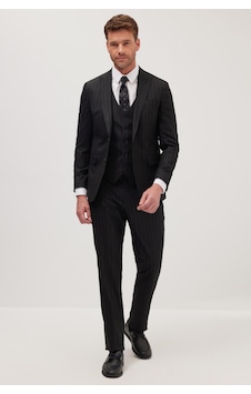 Tudors Erkek Slim Fit Siyah Esnek Likralı Kumaş Sivri Yaka Yelekli Takım Elbise-41294