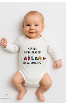 Babyden's Ablam Bana Doyamaz Yazılı Uzun Kollu Bebek Body Çıtçıtlı %100pamuk Zıbın 0-24 Ay Unisex Bebek Body Beyaz