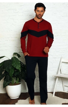 Alimer Bordo O Yaka Patlı Düğmeli Likralı Erkek Pijama Takım EDY1182UK-B Bordo