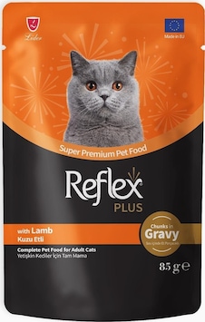 Refles Plus Kuzulu Gravy Soslu ve Et Parçacıklı Yetişkin Kedi Yaş Maması 85 G
