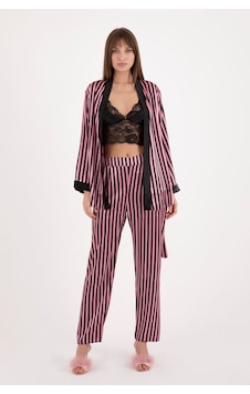 Burcumay Kadın Üçlü Çizgili Sabahlıklı Pembe Saten Pijama Takımı Pembe Burcumay Kadın Üçlü Çizgili Sabahlıklı Pembe Saten Pijama Takımı Pembe