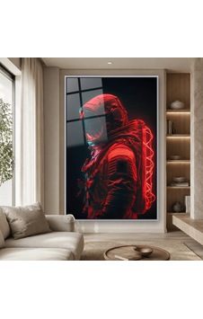 Kırmızı Neon Işıklı Astronot Gümüş Çerçeveli Cam Tablo Kırmızı Neon Işıklı Astronot Gümüş Çerçeveli Cam Tablo
