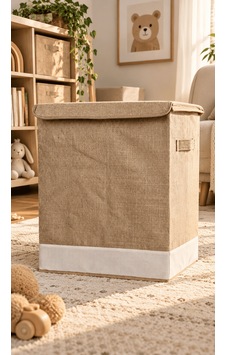 Beyaz Garnili Büyük Kapaklı Kutu 30x40x50 Cm Jüt Kumaş Katlanabilir Saklama Kutusu Bej Beyaz Garnili Büyük Kapaklı Kutu 30x40x50 Cm Jüt Kumaş Katlanabilir Saklama Kutusu Bej