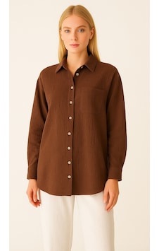 Thiffgymwear Kadın Oversize Basic Cepli Müslin Gömlek Kahverengi