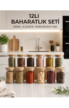 12 Li Cam Baharatlık Seti 300 Ml Bambu Kapaklı Borosilikat Modern Baharat Kavanozu Şeffaf 12 Li Cam Baharatlık Seti 300 Ml Bambu Kapaklı Borosilikat Modern Baharat Kavanozu Şeffaf