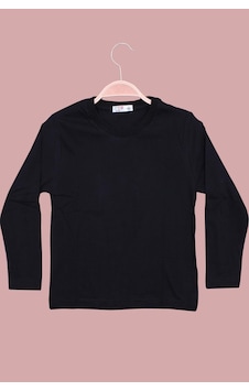 Markahit Basic Bisiklet Yaka Uzun Kol%100 Pamuk Likralı Düz Unisex Çocuk T-shirt Siyah