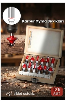 Profesyonel 12'li Ahşap Freze Ucu Seti 8mm Şaft Rulmanlı Karbür Oyma Bıçakları Ahşap Kutulu Profesyonel 12'li Ahşap Freze Ucu Seti 8mm Şaft Rulmanlı Karbür Oyma Bıçakları Ahşap Kutulu