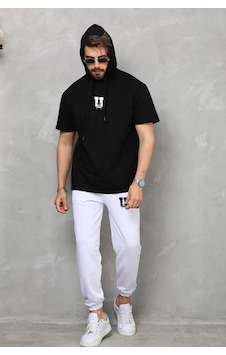Tarzyeri Unisex Kapşonlu Oversize T-shirt Takım - Siyah 001 Tarzyeri Unisex Kapşonlu Oversize T-shirt Takım - Siyah 001