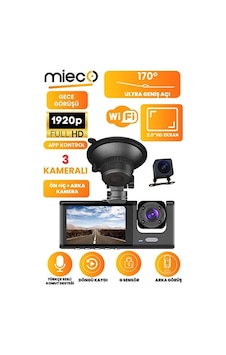 Mieco 1s Wifi 1920p Fhd 170 Derece Ultra Geniş Açı Gece Görüşü Ve G-sensörü 2025 3 Kameralı Araç Kamerası