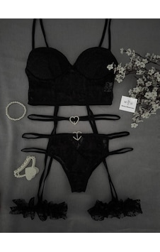 Mh Moony Homewears Dodov Taş Detaylı Siyah Jartiyer Set Siyah