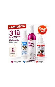 Bio Petactive 3 Lü Köpek Bakım Seti Puppy Trainer Tuvalet Eğitim Spreyi + Köpek Parfümü + Göz Çevresi Leke Temizleyici
