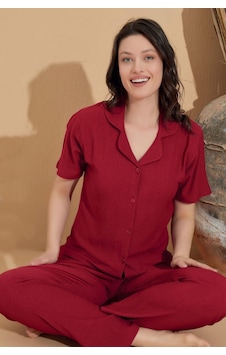 Lukitus Gömlek Yaka Bürümcük Kısa Kol Pijama Takımı Bordo Lukitus Gömlek Yaka Bürümcük Kısa Kol Pijama Takımı Bordo