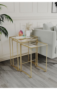 Retro 3 Lü Zigon Sehpa, Metal Sehpa, Cam Sehpa, Salon, Yatak Odası, Antre Altın Retro 3 Lü Zigon Sehpa, Metal Sehpa, Cam Sehpa, Salon, Yatak Odası, Antre Altın