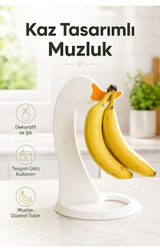 Kaz Figürlü Muzluk Muz Askısı Dekoratif Tezgah Üstü Muz Tutucu 3d Baskı - Beyaz