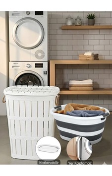 Bambu Görünümlü Halatlı Kirli Çamaşır Sepeti 65 L & Katlanabilir Silikon Sele Seti Mega Boy 40 Litre Beyaz - 875034485 Beyaz